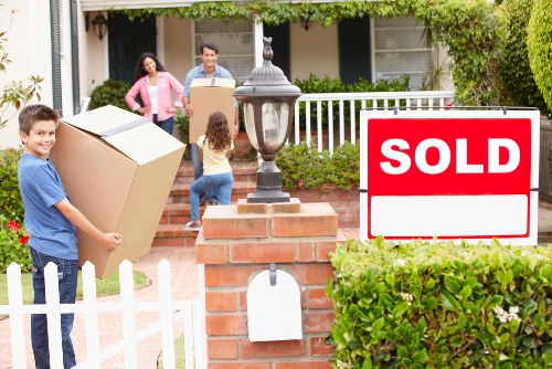 Moving boxes and furniture prepared for transport