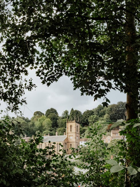 View of a historic church with a square tower seen through dense green foliage of trees on Bunhill Fields Road in London, with the church set against a partly cloudy sky and surrounded by residential buildings and a hillside. The scene includes leafy branches framing the image, highlighting the outdoor environment adjacent to a house removal and relocation service provided by Man with Van St Lukes, situated near the parking and access points on Bunhill Fields Rd. The photograph captures the natural surroundings and urban setting, relevant to home relocation activities involving careful planning of parking and access during furniture transport and loading processes.